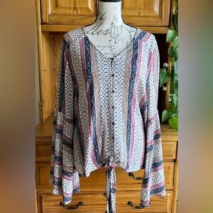 Fab’rik Boho Tie-Front Bell Sleeve Paisley Printed Blouse Y2K Small
